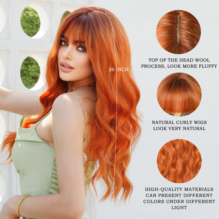 Copper Orange Wig Long Curly Synthetic Hair Wig for Women White Curly Water Wavy Hair Wig with Bangs for Christmas Party Cosplay.