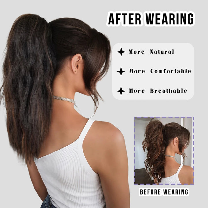 18 Inch Women's Lilac Highlight Natural Wave Drawstring Adjustable Size Black Synthetic Hair Beige Clip Portable Easy Ponytail