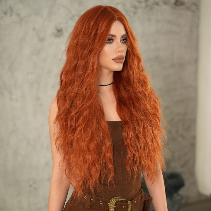 Copper Orange Synthetic Long Water Wave Wig for Women 28 Inch Middle Part Hair Wig Pelucas