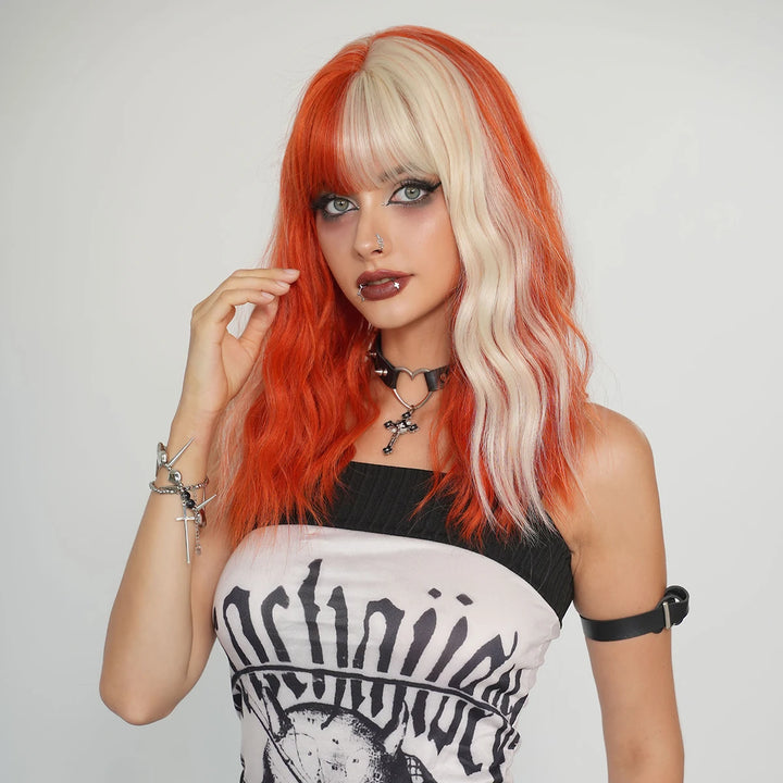 Blond orange synthetic hair shoulder-length wavy wig made from heat-resistant fiber. Perfect for cosplay.
