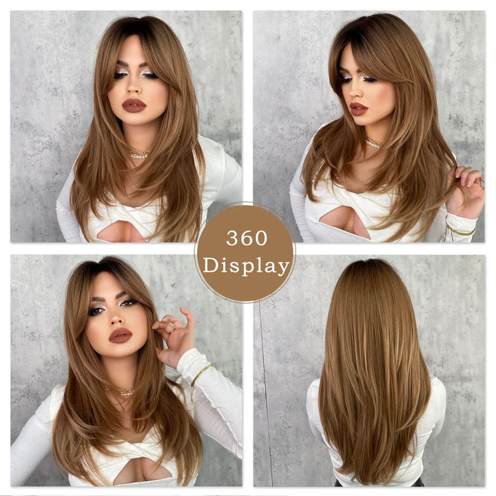 Brown Ombre Layered Wig with Curtain Bangs, Long Straight Synthetic Hair for Women. Heat Resistant and High Density Light Brown Hair.
