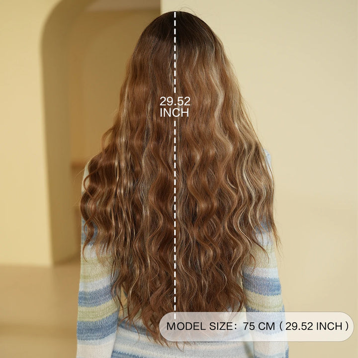 Copper Orange Synthetic Long Water Wave Wig for Women 28 Inch Middle Part Hair Wig Pelucas