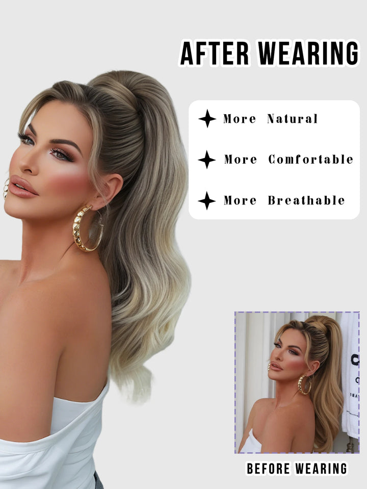 Madeline Brown 28-Inch Curly Synthetic Hair Wig with Steel Prongs Gold Adjustable Size Ponytail Black with Gold Adjustable Size