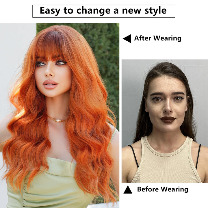 Copper Orange Wig Long Curly Synthetic Hair Wig for Women White Curly Water Wavy Hair Wig with Bangs for Christmas Party Cosplay.