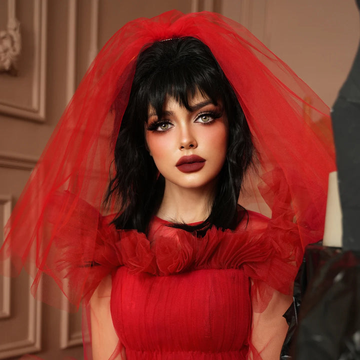 Red and black costume wig with pigtail braids, perfect for cosplay, Halloween, or drag queen looks inspired by the Crazy Bride character from Suicide Squad. Made with synthetic hair.