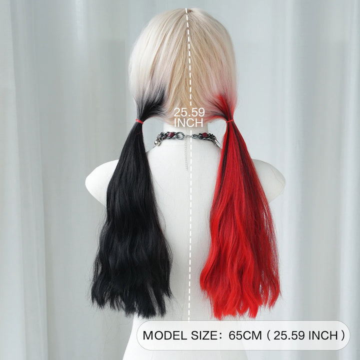 Red and black costume wig with pigtail braids, perfect for cosplay, Halloween, or drag queen looks inspired by the Crazy Bride character from Suicide Squad. Made with synthetic hair.
