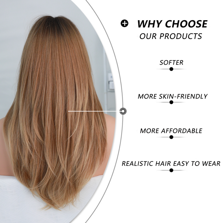 Brown Ombre Layered Wig with Curtain Bangs, Long Straight Synthetic Hair for Women. Heat Resistant and High Density Light Brown Hair.