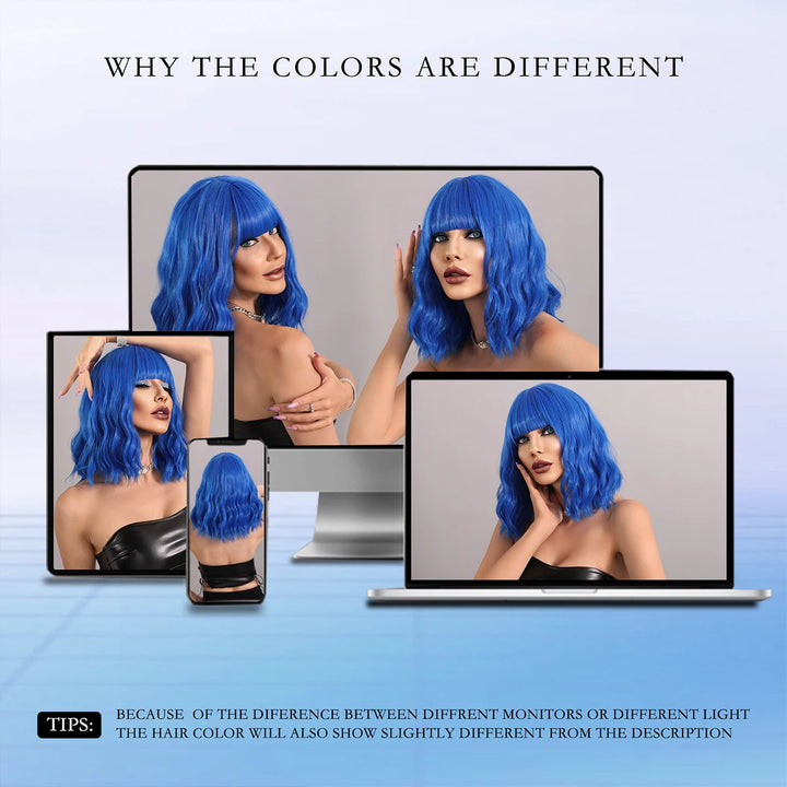 Blue curly bob wig with bangs for women, perfect for Halloween or cosplay parties.