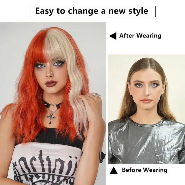 Blond orange synthetic hair shoulder-length wavy wig made from heat-resistant fiber. Perfect for cosplay.