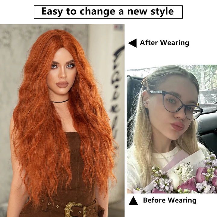 Copper Orange Synthetic Long Water Wave Wig for Women 28 Inch Middle Part Hair Wig Pelucas