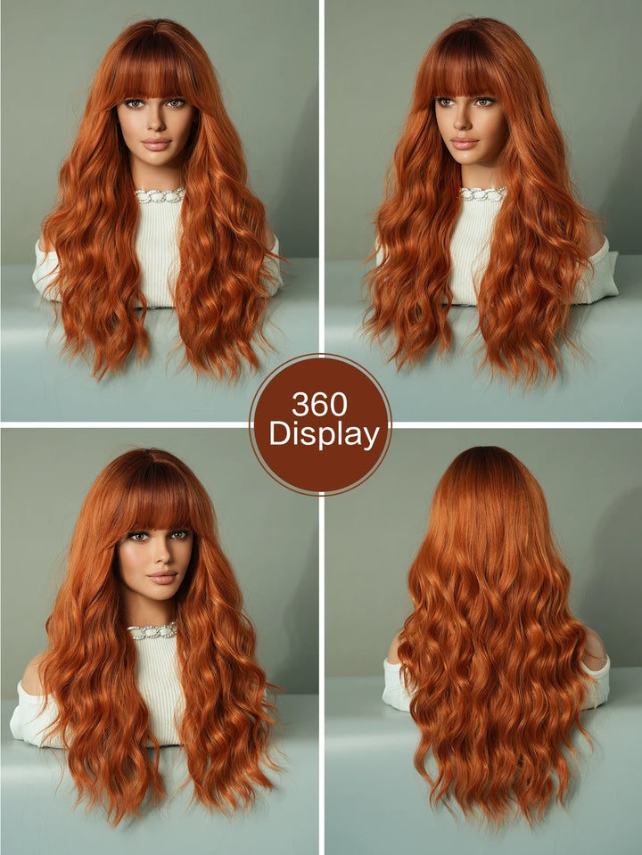 Copper Orange Wig Long Curly Synthetic Hair Wig for Women White Curly Water Wavy Hair Wig with Bangs for Christmas Party Cosplay.