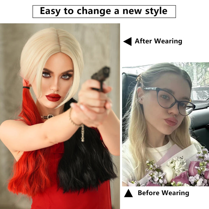 Red and black costume wig with pigtail braids, perfect for cosplay, Halloween, or drag queen looks inspired by the Crazy Bride character from Suicide Squad. Made with synthetic hair.