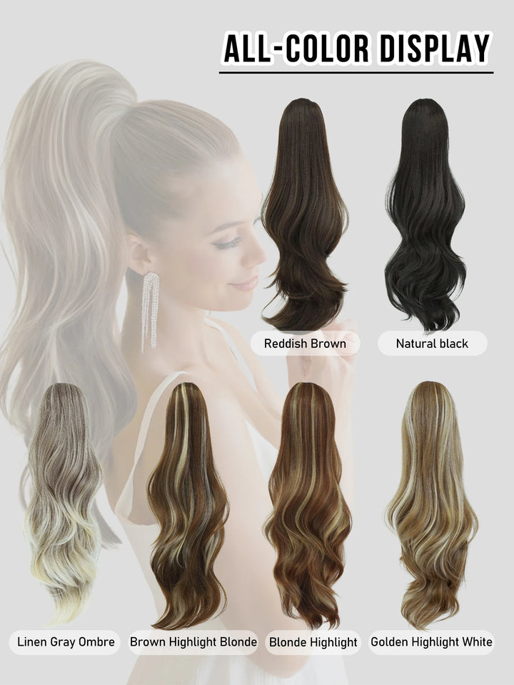 Black Hair Extensions 28 Inch Clip in Wig Adjustable Size Curly Ponytail Synthetic Hair Extension Set Black with Steel Prongs