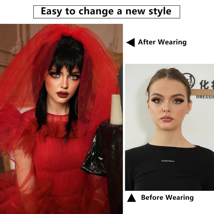 Red and black costume wig with pigtail braids, perfect for cosplay, Halloween, or drag queen looks inspired by the Crazy Bride character from Suicide Squad. Made with synthetic hair.