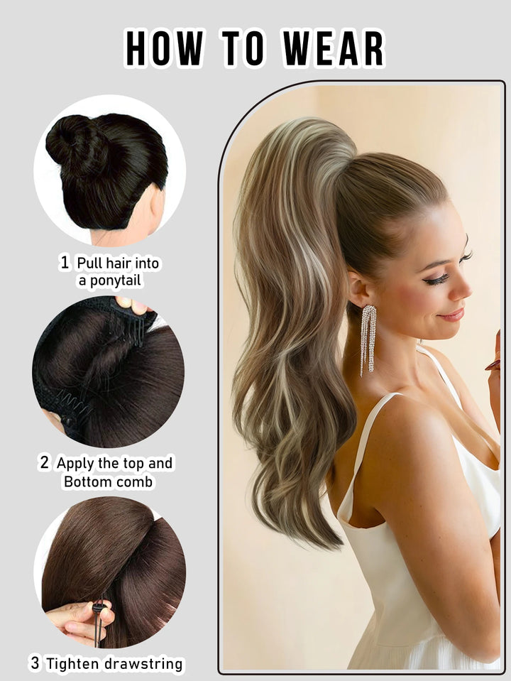 Van Dyke Brown Hair Extensions 28 Inch Clip-In Wig Adjustable Size Curly Ponytail Synthetic Hair Pack Black with Steel Prongs