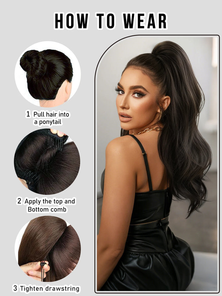 Black Hair Extensions 28 Inch Clip in Wig Adjustable Size Curly Ponytail Synthetic Hair Extension Set Black with Steel Prongs