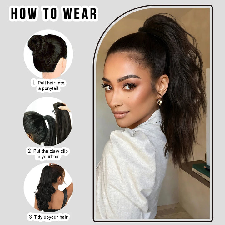 18 Inch Women's Van Dyke Brown Wig Adjustable Size Black Curly Ponytail Synthetic Hair and Black Wig Clip