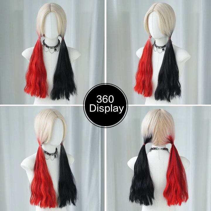Red and black costume wig with pigtail braids, perfect for cosplay, Halloween, or drag queen looks inspired by the Crazy Bride character from Suicide Squad. Made with synthetic hair.