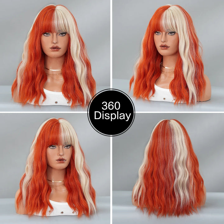 Blond orange synthetic hair shoulder-length wavy wig made from heat-resistant fiber. Perfect for cosplay.