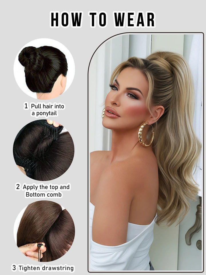 Madeline Brown 28-Inch Curly Synthetic Hair Wig with Steel Prongs Gold Adjustable Size Ponytail Black with Gold Adjustable Size