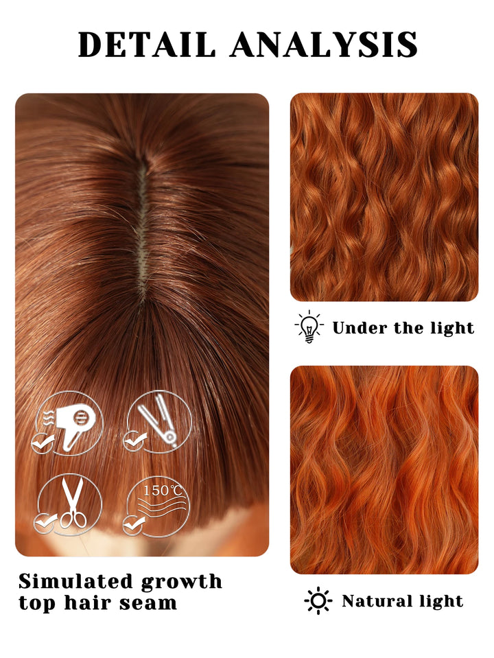 Copper Orange Wig Long Curly Synthetic Hair Wig for Women White Curly Water Wavy Hair Wig with Bangs for Christmas Party Cosplay.