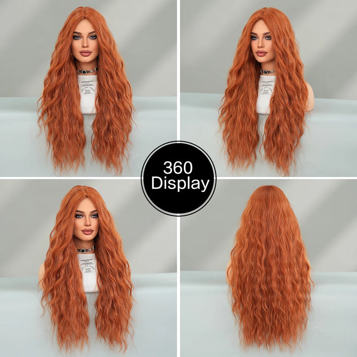 Copper Orange Synthetic Long Water Wave Wig for Women 28 Inch Middle Part Hair Wig Pelucas