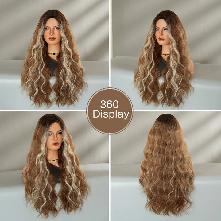 Copper Orange Synthetic Long Water Wave Wig for Women 28 Inch Middle Part Hair Wig Pelucas