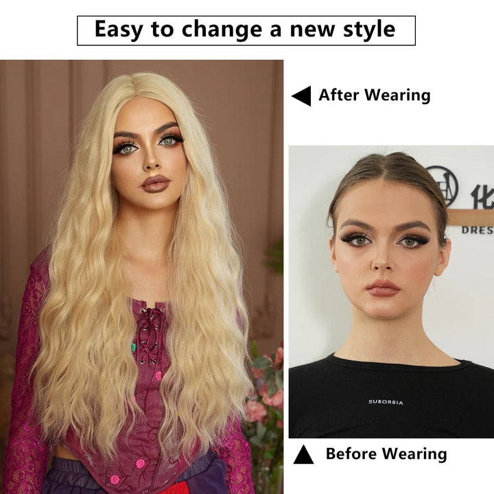 Copper Orange Synthetic Long Water Wave Wig for Women 28 Inch Middle Part Hair Wig Pelucas