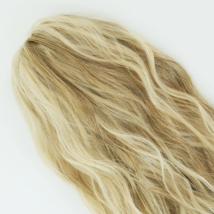 18 Inch Women's Lilac Highlight Natural Wave Drawstring Adjustable Size Black Synthetic Hair Beige Clip Portable Easy Ponytail