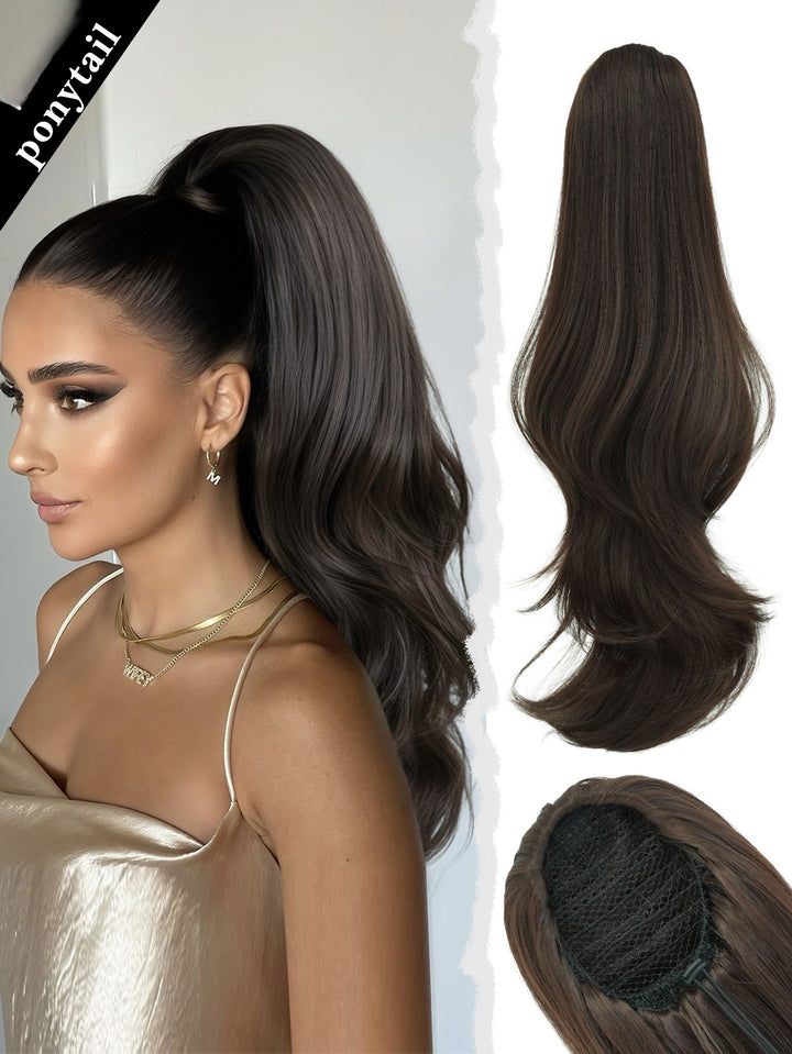 Madeline Brown 28-Inch Curly Synthetic Hair Wig with Steel Prongs Gold Adjustable Size Ponytail Black with Gold Adjustable Size