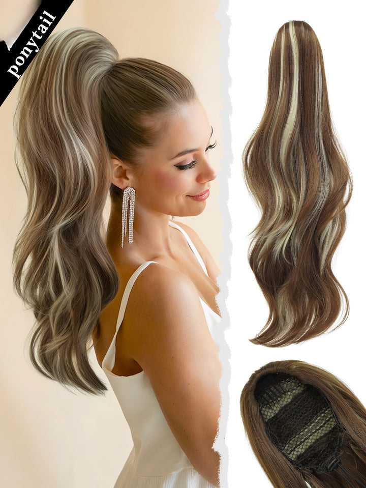 Madeline Brown 28-Inch Curly Synthetic Hair Wig with Steel Prongs Gold Adjustable Size Ponytail Black with Gold Adjustable Size