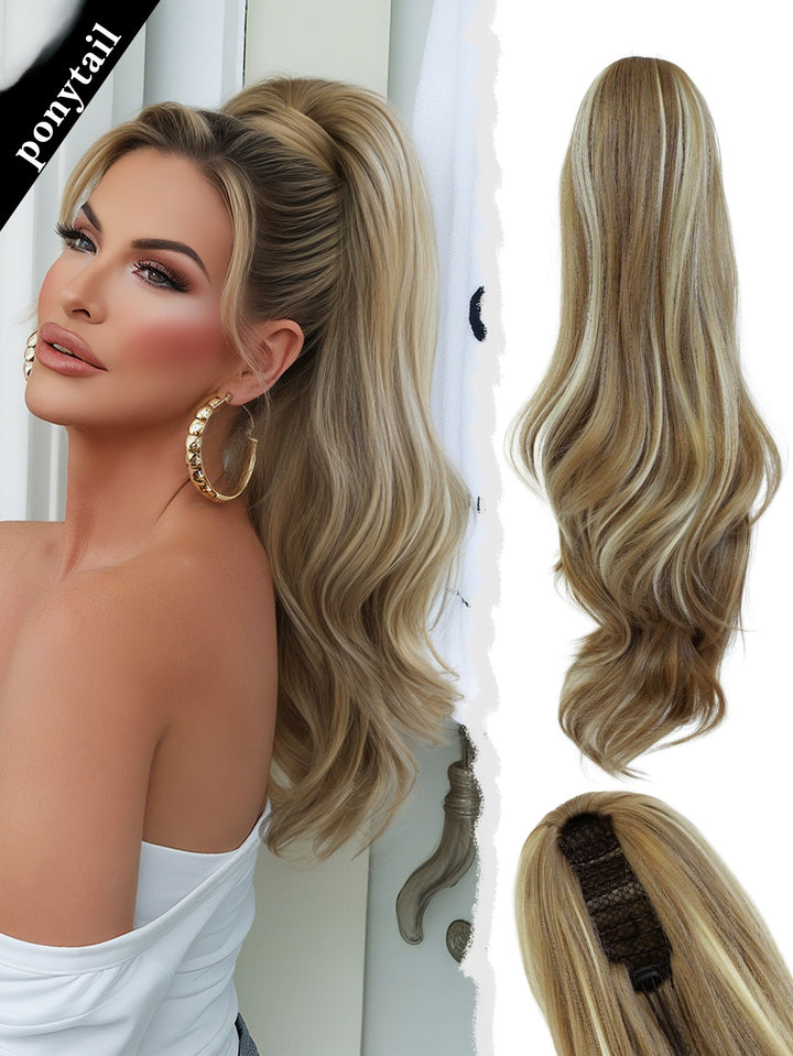 Madeline Brown 28-Inch Curly Synthetic Hair Wig with Steel Prongs Gold Adjustable Size Ponytail Black with Gold Adjustable Size