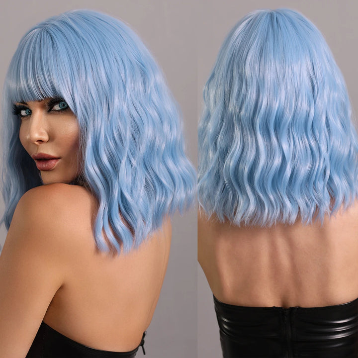 Blue curly bob wig with bangs for women, perfect for Halloween or cosplay parties.
