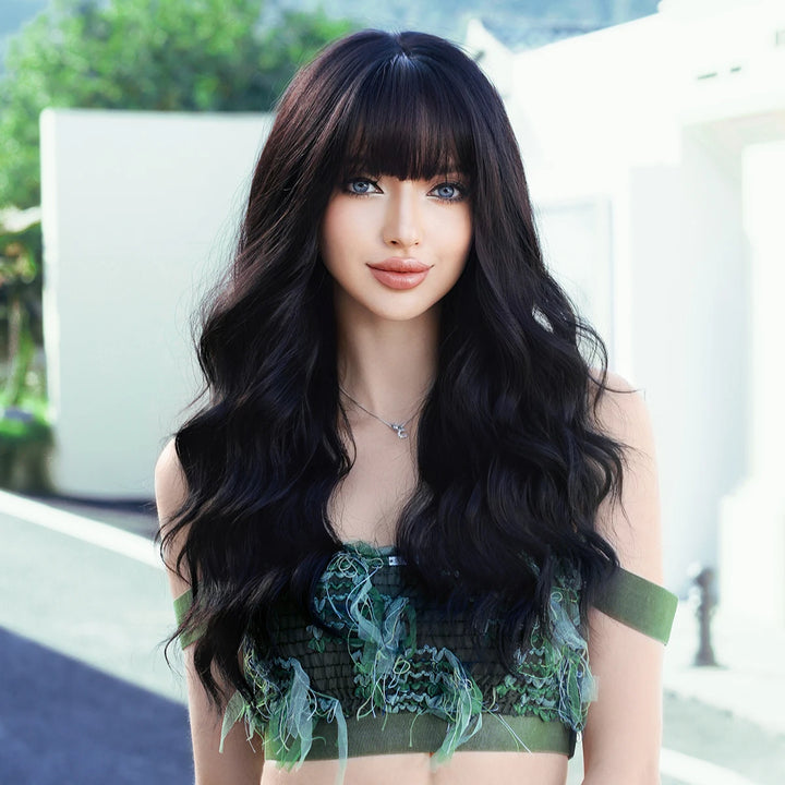 Copper Orange Wig Long Curly Synthetic Hair Wig for Women White Curly Water Wavy Hair Wig with Bangs for Christmas Party Cosplay.