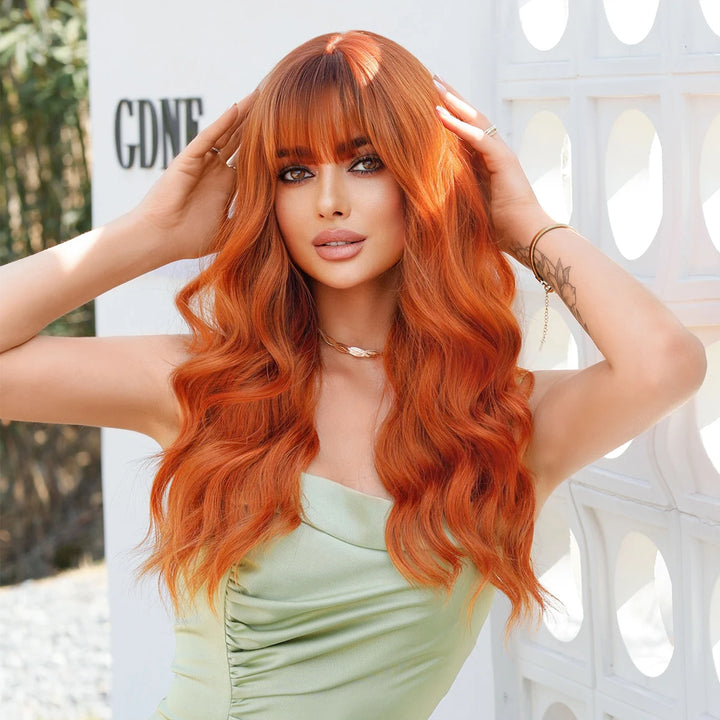 Copper Orange Wig Long Curly Synthetic Hair Wig for Women White Curly Water Wavy Hair Wig with Bangs for Christmas Party Cosplay.