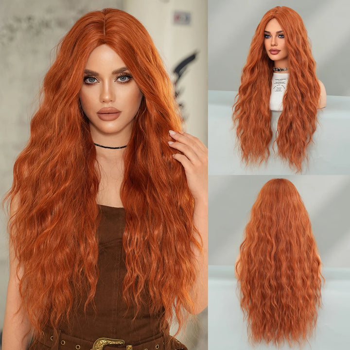 Copper Orange Synthetic Long Water Wave Wig for Women 28 Inch Middle Part Hair Wig Pelucas