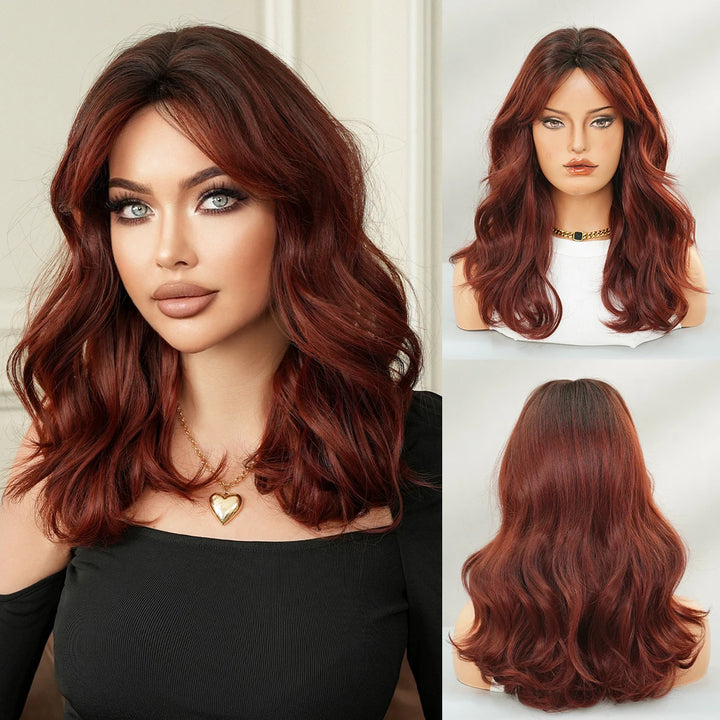 Blond orange synthetic hair shoulder-length wavy wig made from heat-resistant fiber. Perfect for cosplay.