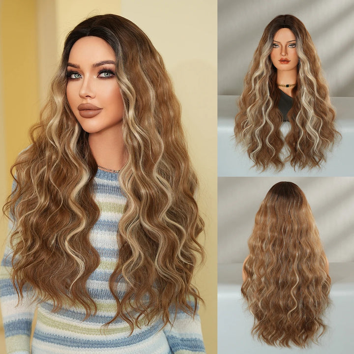 Copper Orange Synthetic Long Water Wave Wig for Women 28 Inch Middle Part Hair Wig Pelucas