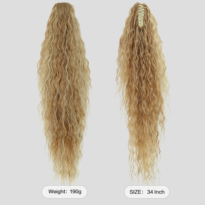 34 Inch Women's Black Synthetic Deep Wave & Water Wave Adjustable Size Ponytail Wig with Clip in