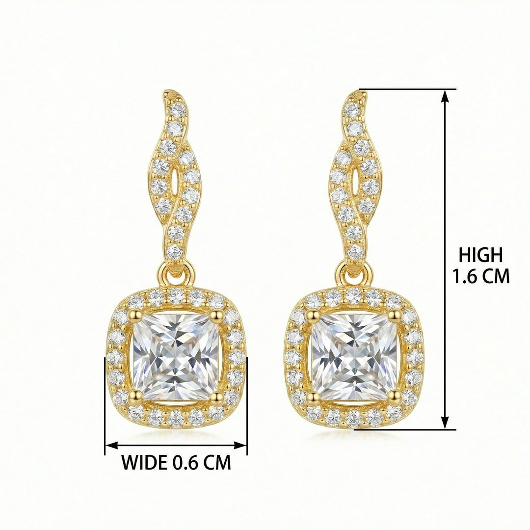 ✨ 925 Sterling Silver Princess Cut Square Halo Drop Earrings with Twisted Pavé Post