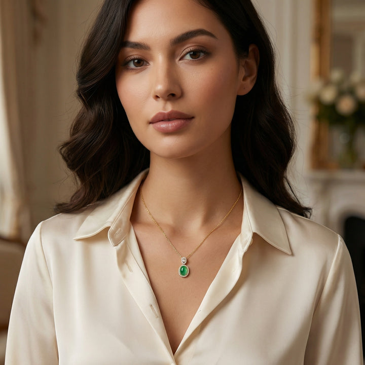 ✨ Oval Green Gemstone & Diamond Halo Necklace