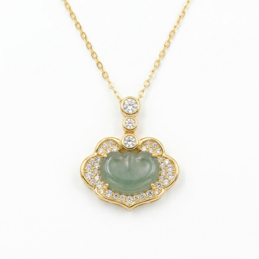 925 Sterling Silver Exquisite Green Jadeite Ruyi Pendant Necklace with Brilliant Diamond Accents