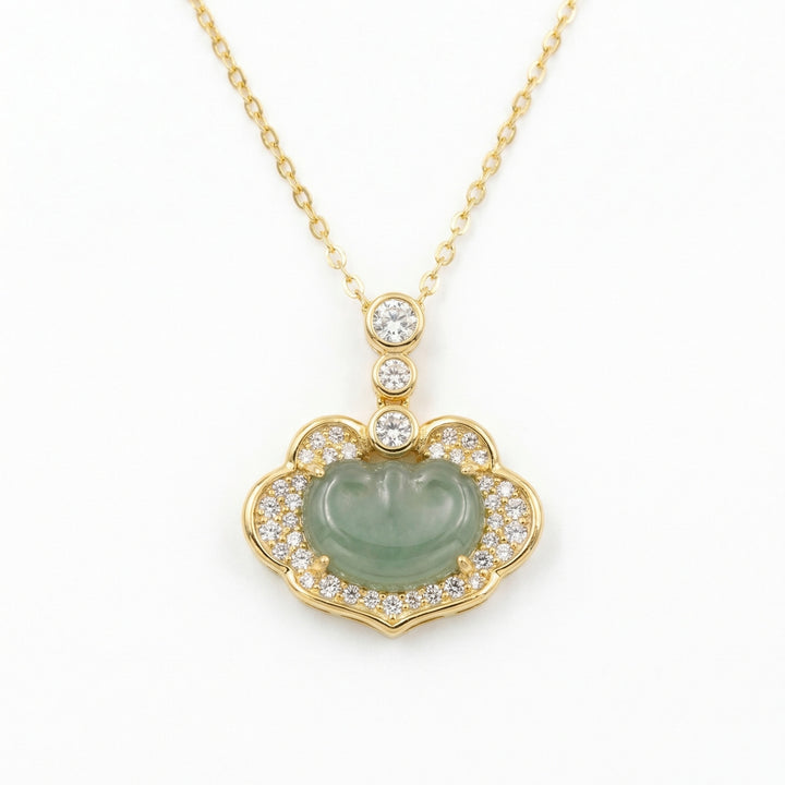 925 Sterling Silver Exquisite Green Jadeite Ruyi Pendant Necklace with Brilliant Diamond Accents