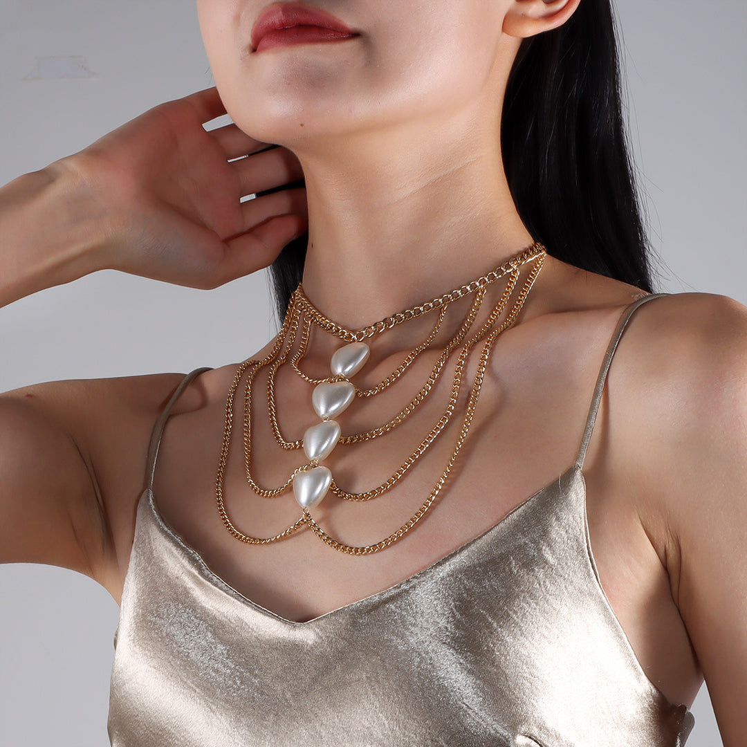 Women’s Tassel Peach Heart Pearl Necklace – Elegant Metal & Stone Jewelry