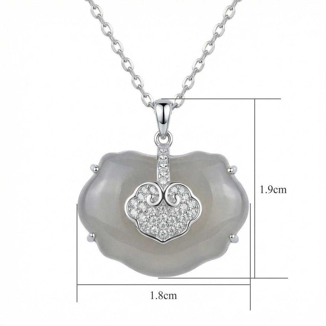 925 Sterling Silver Elegant Ruyi Longevity Lock Pendant Necklace with Gray Chalcedony and Pavé Accents