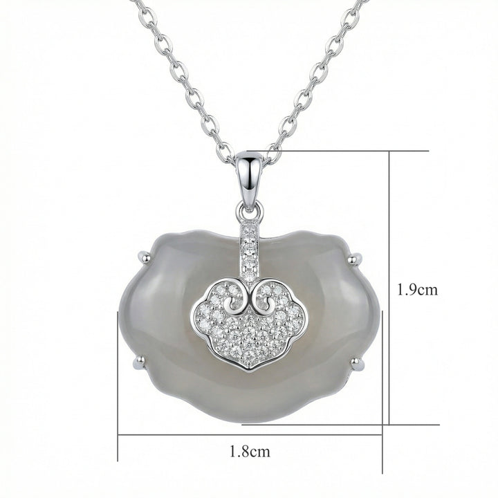 925 Sterling Silver Elegant Ruyi Longevity Lock Pendant Necklace with Gray Chalcedony and Pavé Accents