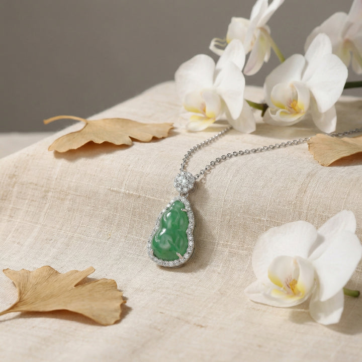 925 Sterling Silver Green Jadeite Gourd Pendant Necklace – Diamond Halo & Floral Accents