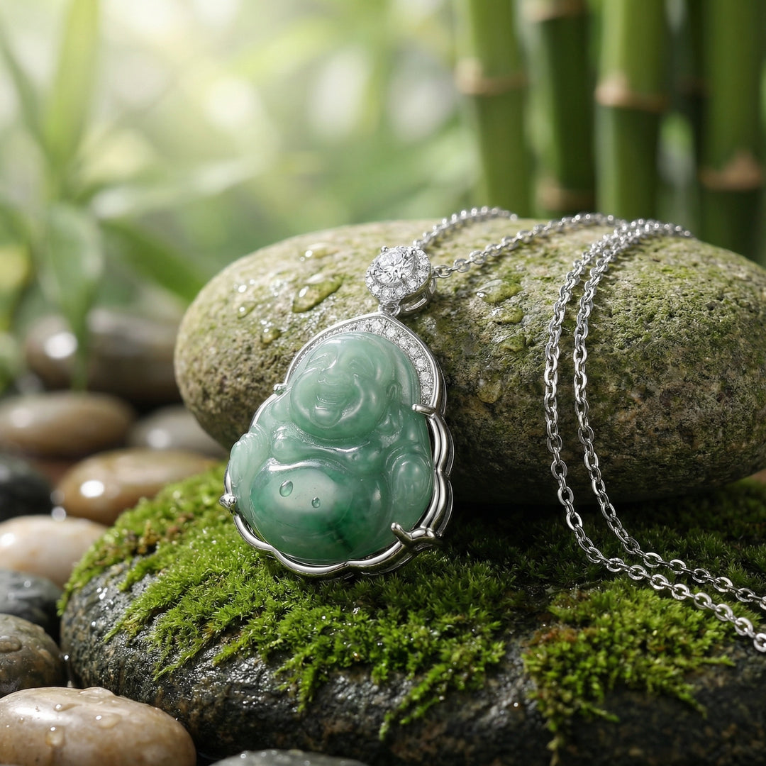 925 Sterling Silver Elegant Green Jade Laughing Buddha Pendant Necklace with Sparkling Accents