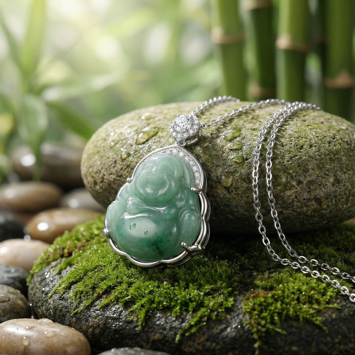 925 Sterling Silver Elegant Green Jade Laughing Buddha Pendant Necklace with Sparkling Accents