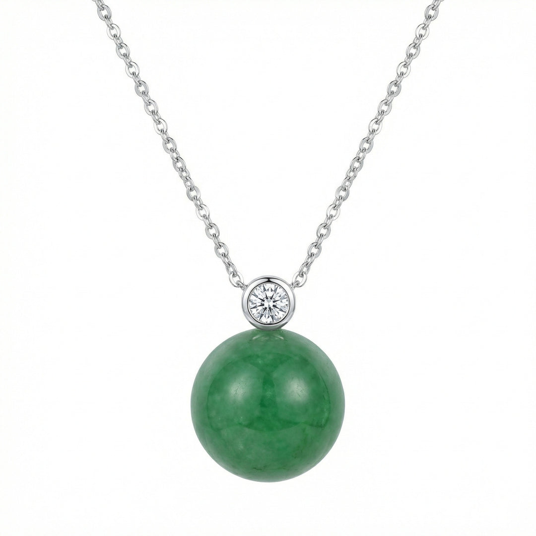 925 Sterling Silver Round Green Jade Orb Pendant Necklace with Diamond Accent